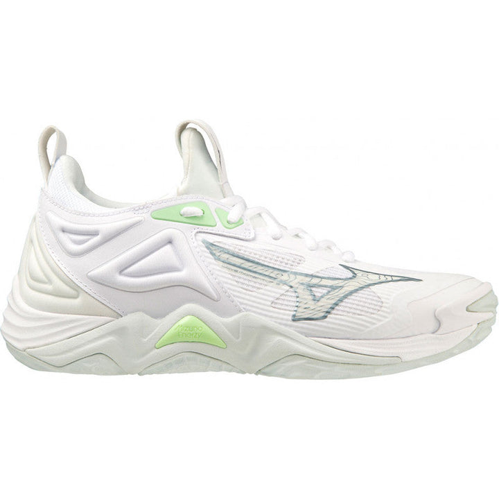 mizuno wave momentum 3 femme blanc vert gris