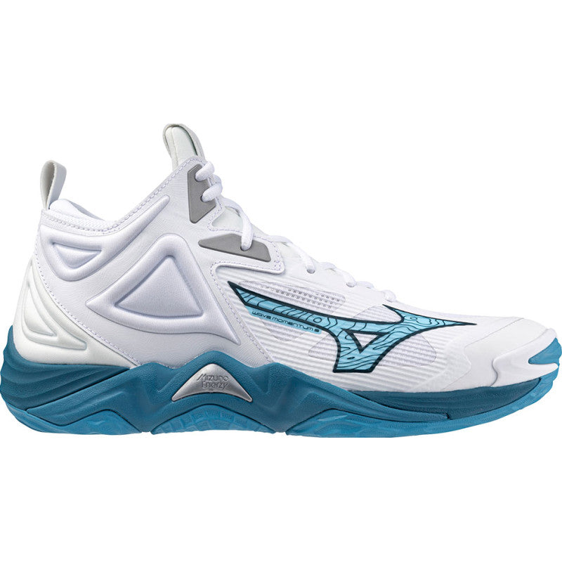 mizuno wave momentum 3 mid blanc bleu argent