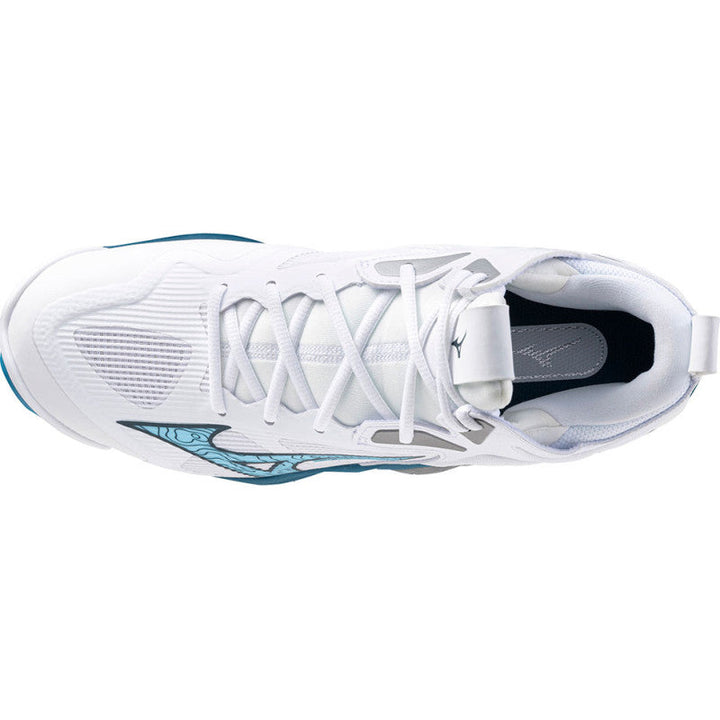 mizuno wave momentum 3 mid blanc bleu argent